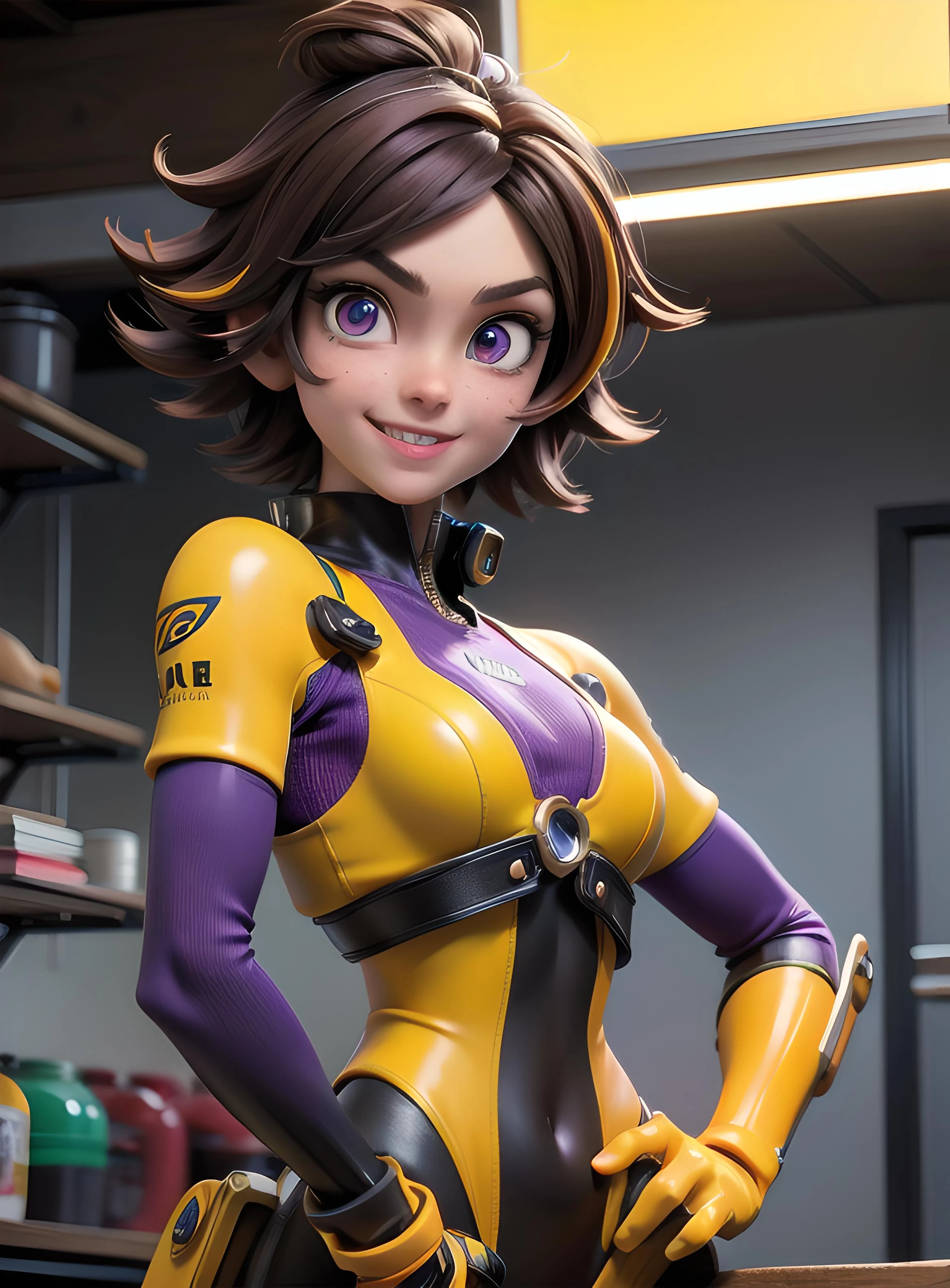 Mechanica, brown hair ,ahoge, solo, short hair, purple eyes,
bodysuit, multicolored bodysui, fingerless glove, yellow gloves ,skin tight, goggles on head, covered navel,
standing, smile, upper body,
engineer shop, wires, oil,
(insanely detailed, beautiful detailed face, masterpiece, best quality) (beautifull eyes)