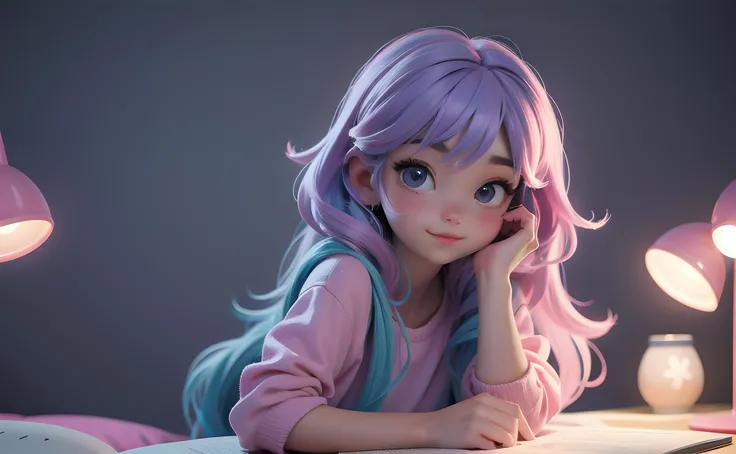 cute girl, ((lofi)), cozy night, pastel hair,masterpiece,minimalistic illustration, modern,dim lights, soft blue+pink lighting, dark,long hair,happy <lora:add-detail-xl:4>