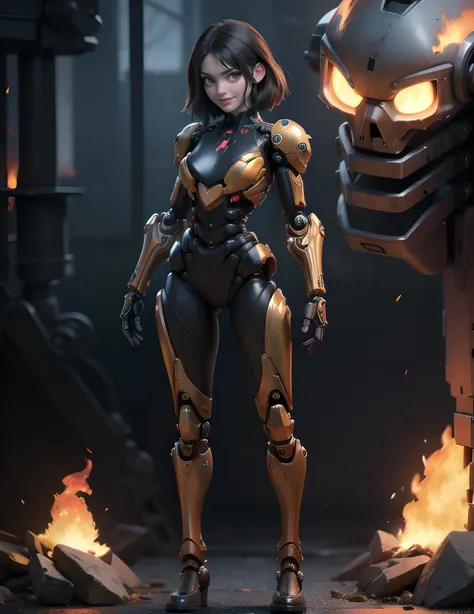 (biomechanical, mechanical, fire elemental, glowing embers:1.2), mid body photo, photorealistic, highres, burning, flame, embers, masterpiece, perfect lighting, bloom, adult, modest breasts, (eliselastnamesd15, smile:1), full lips, (detailed face:1.1), looking a viewer, full body photo low angle full body shot, photorealistic,  menacing, eerie, gritty, noir, mechanical parts, machine,   
<lora:LIGHTING_epiNoiseoffset_v2:0.25>
<lora:Lighting_LowRA(dark theme):0.25>
<lora:add_detail:02.5>
<lora:detailed_eye_V2:0.25>
<lora:RSERomantic_RSESofiko_RSEEmma-v1:0.25> (rseemma:1.1),
<lora:STYLE_3DMM_V11:0.7>
<lora:STYLE_RPGFireElemental:1>
<lora:EFFECT_FirevfxCreateMore_v1:0.5>
<lora:CLOTH_insanobot:0.8>