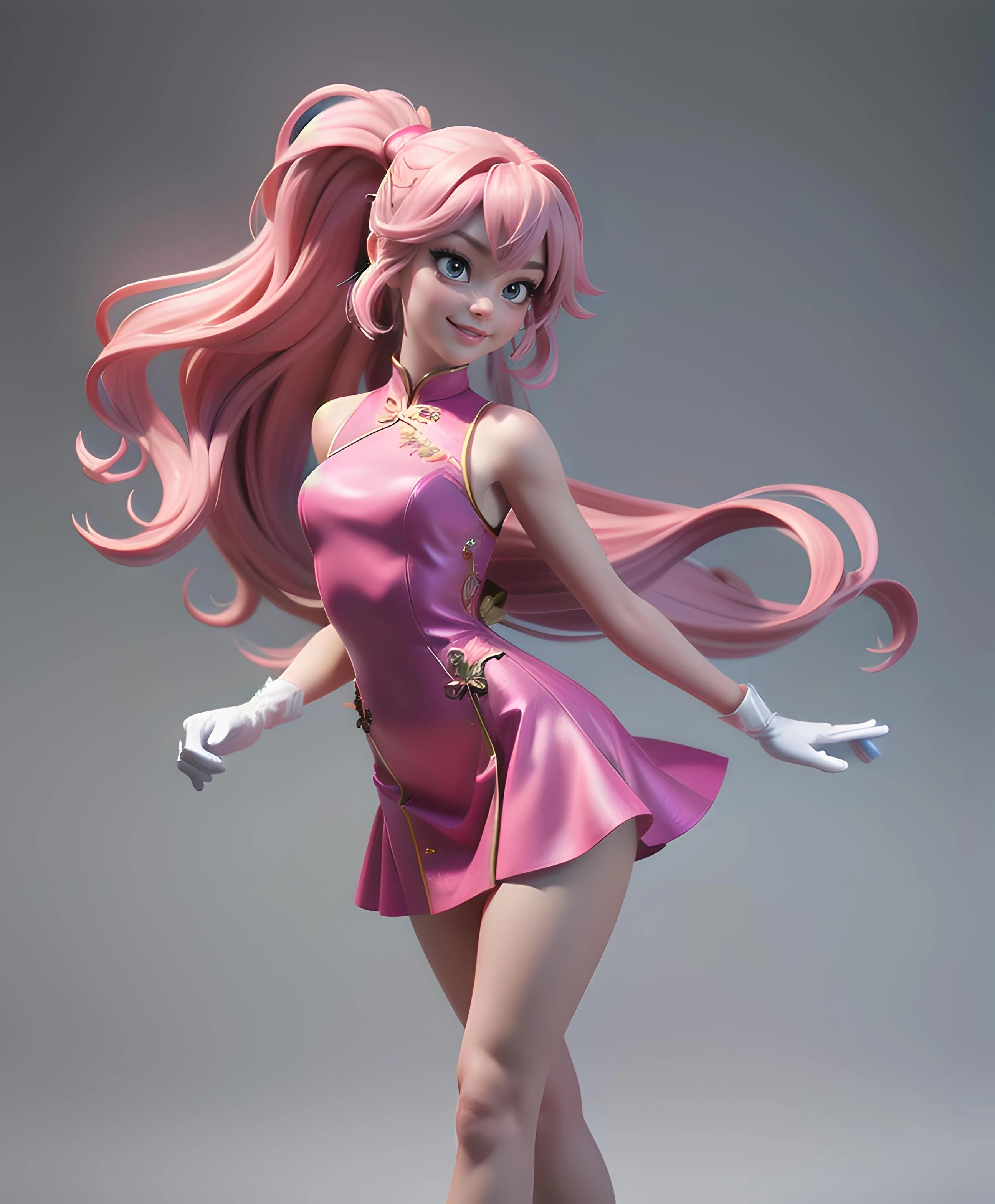 (8k, RAW photo, best quality, masterpiece:1.2), (realistic, photo-realistic:1.37), ultra high res, back lights,
eference sheet, standing, simple background, grey background, full body,
1girl,(beautiful detailed face),standing, small breasts, long legs, beautiful face, beautiful detailed eyes, big eyes, slim waist, neat figure, slim legs,
hi3fuhua, smile, looking at viewer, ponytail, hair ornament, china dress, sleeveless dress, single thighhigh, gloves, bare shoulders, pink hair, <lora:hi3_fuhuaphoenix-13:1.0><lora:more_details:0.5>