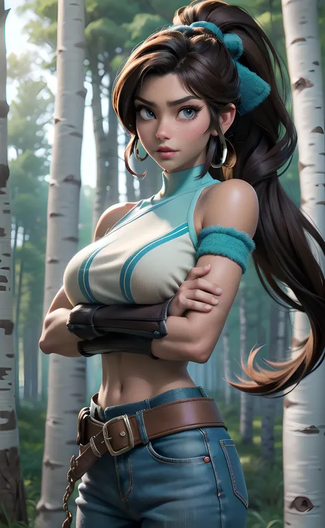 (head fully in frame:1.3), (crossed arms:1.4), (beautiful face:1.5), (cowboy shot:1.3), looking to the side, beautiful eyes, curvy, (large breasts:1.3), (wide hips:0,9), narrow waist, <lora:Kajinman [MockAi - v1.0]:0.7> kajin, shiny skin, oily skin, <lora:Korra [Konan - v2.0]:0.8> korra, long hair, (brown hair:1.2), black hair, blue eyes, ponytail, dark skin, dark-skinned female, topknot, (hair tubes:1.4), fur-trimmed jacket around waist, (blue halterneck top:1.3), armlet, vambraces, (bare shoulders:1.3), (arm_warmers:1.3), sleeveless, (inside forest:1.3), (birch trees:1.2), daylight, light coming through trees,
