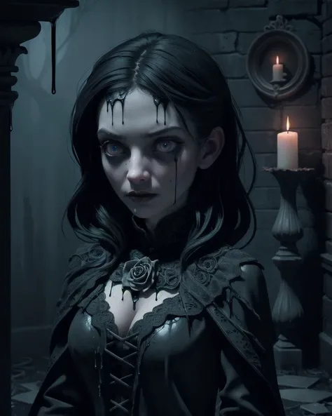 1Female, Gothic, Horror, Darkness, Moody, Depression, sadness, evil, blood, undead, midnight, macabre, eerie., (Upper body shot:1.2). Horrifying and haunting. 1female covered in dripping gooey liquid. Highly detailed expressive eyes. Standing in the center of a dark and dilapidated room. The walls covered in black slime. Flickering candles that cast an eerie glow throughout the room. Fear, anxiety, claustrophobia, horror, macabre, wet, moist. Photorealistic, Natural atmospheric lighting, intricate details, 35mm photograph, film, professional, 4k visuals, highly detailed, elegant, studio quality.