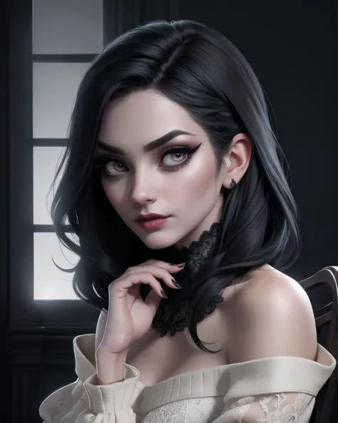 1Female, Gothic, Horror, Darkness, Moody, Depression, sadness, evil, blood, undead, midnight, macabre, eerie., (Upper body photo:1.2). Beautiful female.  Wearing a one shoulder sweater. Detailed eyes framed by long, perfect eyelashes. Her eyebrows are perfectly arched and delicate, adding grace to her gaze. Elegant eyeliner. Light make-up. Detailed face. Soft features. Sensual. Photorealistic, Natural atmospheric lighting, intricate details, 35mm photograph, film, professional, 4k visuals, highly detailed, elegant, studio quality.