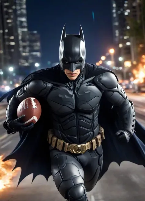 <lora:PE_Batman_DarkKnight:0.7> PEBatman,
Batman running from police officers, ((holding a football, holdingfootball in hand)),
motion blur, speed lines, light trails, fire trails,
bank in background, police in background,
masterpiece, high resolution, octance 4k, high detail,