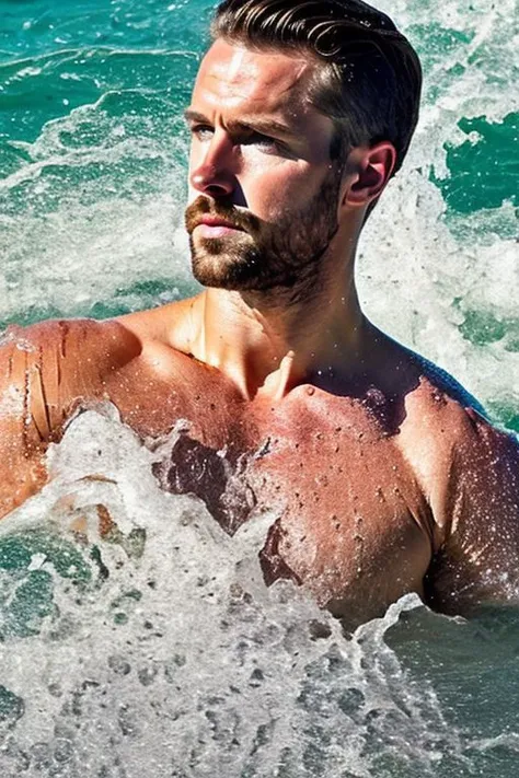 Man, Head, water instead of hair made of water, waves hugging naked upper body, look over shoulder, hyperrealistic, real photo shoot, 8k