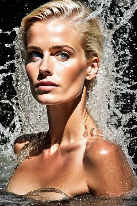 Head, straight blonde hair made of water, waves hugging naked upper body, hyperrealistic, real photo shoot, 8k