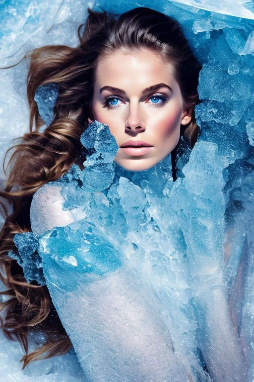 Naked Woman, upper body lying on the frozen sea, pretty face, long hair, covered in ice, ice crystals, sunlight, hyperrealistic, real photo shoot, 8k, ice