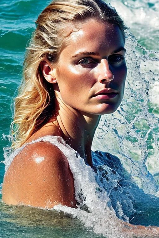 Head, water instead of hair made of water, waves hugging naked upper body, look over shoulder, hyperrealistic, real photo shoot, 8k