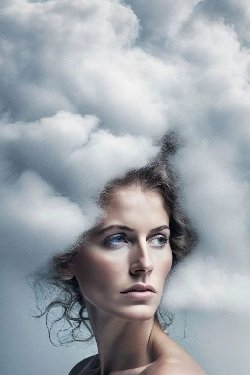 Naked upper body and head of a woman, hair made of clouds from the sky, looking through the clouds, white, hyperrealistic, real photo shoot, 8k