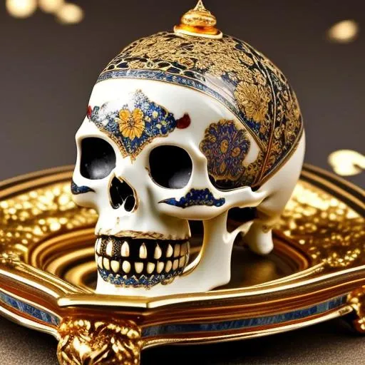 A delicate realistic ornate porcelain skull with gold filigree and enamel inlay. High quality photo, product photography