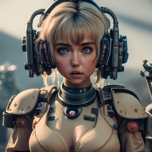 photograph of a beautiful young retropunk female as Ma.K Maschinen Krieger fighter, Mila Azul mix with Ana de Armas, pretty, cute, finely detailed face, finely detailed revealing low cut chest see-thru outfit, ARRI, 55 mm, incredibly detailed