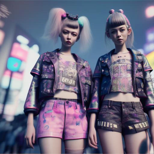 2girls, models wearing Harajuku fashion, unreal engine 5, hyper realistic, very detailed