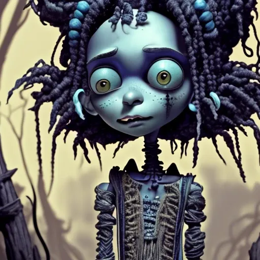 a close up of a doll with dreadlocks, a character portrait, gothic art, blue and black color scheme, full - view, highly detailed barlowe 8 k, adorable, scar, coraline, petite, stitches, burnt, midnight-blue, medium, savannah, elder