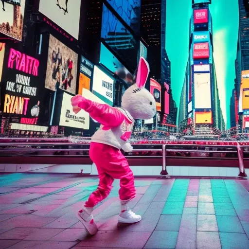 Cinematic Still Shot of hip hop fashion dressed kind toy bunny in the time square , extremly realistic, 4k, photography