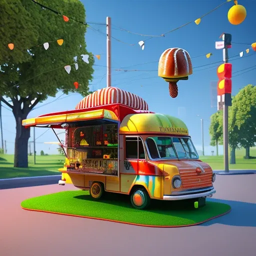 a food truck with a hamburger on top of it and a tree next to it, a 3D render by Beeple, trending on cgsociety, pop surrealism, rendered in maya, sketchfab, vray tracing