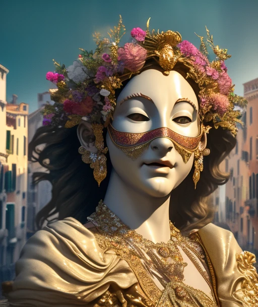 Closeup of A beautiful woman in an ornate Venice Carnival Mask
+
on a bridge within a pathway in the Venice Italy Canals, beautiful raking sunlight, apartments with colorful balconies, flowers, bridge, Spring trees, flower petals in the water
+
realistic, cinematic lighting, volumetric rays, Crepuscular Rays, dappled sunlight
+
by Moebius and alphonse mucha and roger deakins
+
blur bokeh defocus dof