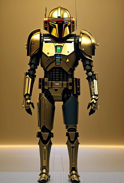 a cinematic full body shot in a wes anderson film of a standing cyborg robot looking like a mechanical version of a marbled all white wes anderson designed mandalorian and daft punk hybrid whimsical android robot with gold plates, photorealistic, black background, octane render, unreal engine, hyper detailed, vray, redshift, volumetric lighting, hdr, wes anderson style