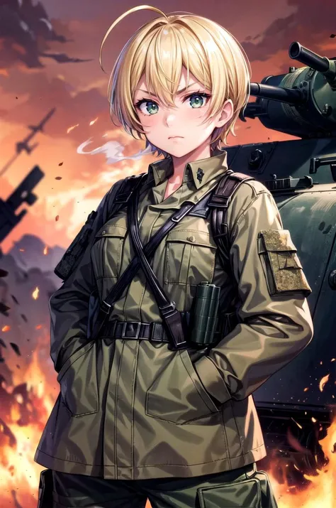 (masterpiece, best quality, detailed), 1girl, solo, looking at viewer, mito ikumi, dark skin, blonde hair, green eyes,
<lora:camouflage_uniform04:0.5>, wearing camouflage_uniform, world war ii, war, military vehicle, battlefield, battle, dust, smoke, burning, fire, red sky, explosion, hands in pockets, serious, closed mouth