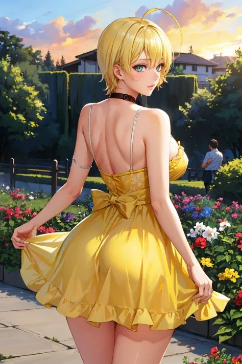 masterpiece, best quality, <lora:ikumimito-nvwls-v1-000010:0.9> mito ikumi, dark skin, collar, huge breasts, yellow sundress, from behind,  <lora:edgChamYellowSundress:1> edgYSD, woman wearing a yellow sundress, garden, sunset