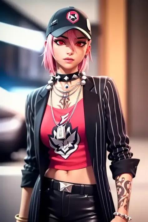<lora:Dusty:0.5>, xyzdusty, (realistic:1.5), looking_at_viewer, short_hair, shirt, red_eyes, hat, jewelry, jacket, upper_body, pink_hair, choker, necklace, collar, black_jacket, tattoo, baseball_cap, spikes, spiked_collar