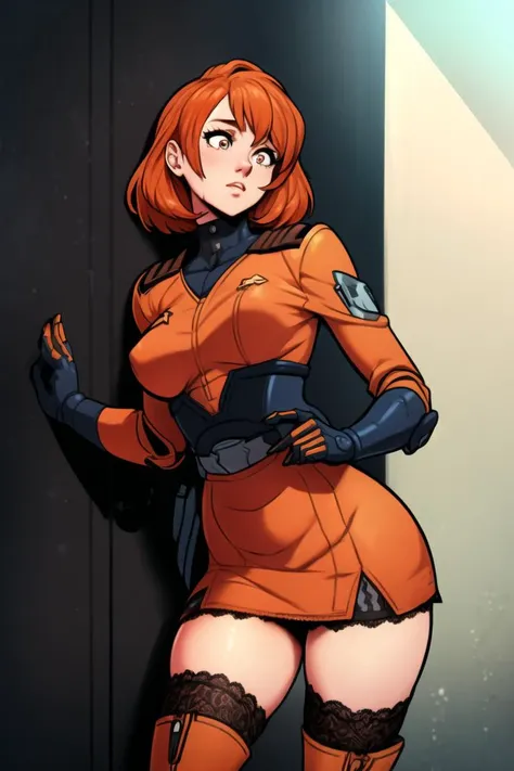 girl, (detailed eyes),(mecha:1.4), Raining,Library Background,Curvy,Humongous Breasts,(Leaning back against a wall),Medium Hair,Combover Hair,(auburn Wool Car Jacket,orange Lace skirt:1.3),girls frontline,Knight Armor ,(masterpiece,detailed,highres:1.4) <lora:skin_raw:0.8>