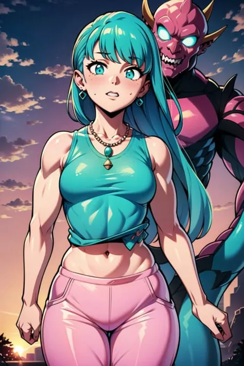girl, (monster:1.4), Sunset,Amusement Park Background,Muscular,Flat Breasts,Peace Sign,Long Hair,Roach hair,(pink Singlet,turquoise Tapered Pants:1.3),fate (series),Bead Necklace ,(masterpiece,detailed,highres:1.4) <lora:skin:0.6>