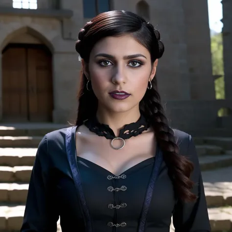 photo of (ohwx woman) as Wednesday Adamas, wearing gothic clothes, braided pigtails, in a castle, sharp focus, looking at the camera, makeup, cinematic look, <lora:MiaKhalifa:1>