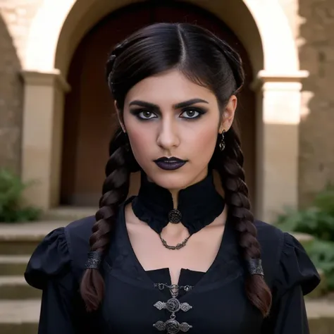 photo of (ohwx woman) as Wednesday Adamas, wearing gothic clothes, braided pigtails, in a castle, sharp focus, looking at the camera, makeup, cinematic look, <lora:MiaKhalifa:1>