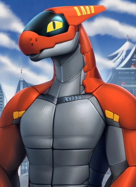 male, anthro, solo, high resolution, detailed, synthhead, (headshot portrait), detailed background, slit pupils, visor, (ninja, shuriken, japan), full-length portrait, 3 fingers, digital media \(artwork\), shaded, Middle yellow red, magical weather, ((artificial sky))