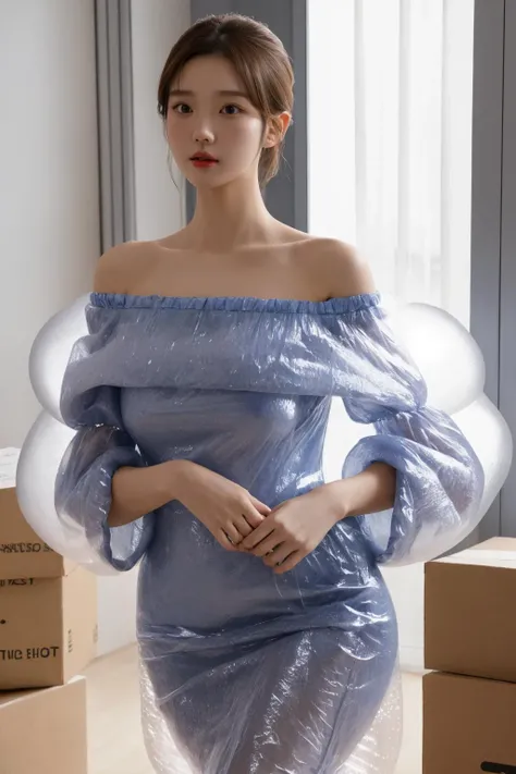 <lora:bubbl3_dr3ss-06:0.7>, bubbl3_dr3ss, off shoulder dress made of bubble wrap, puffy sleeves, , best quality, masterpiece, illustration, realistic, photo-realistic, amazing, finely detail, incredibly absurdres, huge filesize, ultra-detailed, highres, extremely detailed CG unity 8k wallpaper, nsfw, A beautiful young woman with Korean-style facial features resembling a popular actress is wearing an off-shoulder dress made of bubble wrap. She is standing in an office near some cardboard boxes. The lighting is bright.