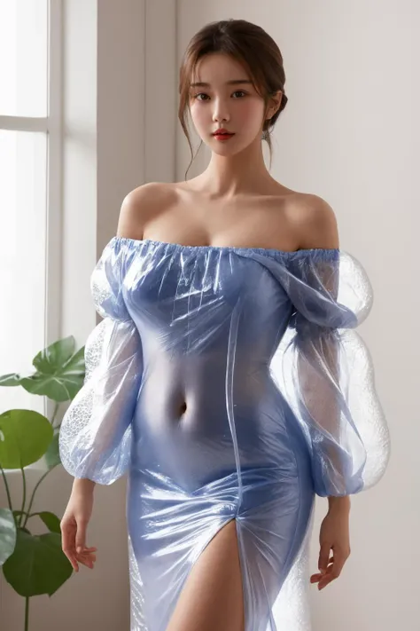 <lora:bubbl3_dr3ss-06:0.7>, bubbl3_dr3ss, off shoulder dress made of bubble wrap, puffy sleeves, , best quality, masterpiece, illustration, realistic, photo-realistic, amazing, finely detail, incredibly absurdres, huge filesize, ultra-detailed, highres, extremely detailed CG unity 8k wallpaper, nsfw, nude, A beautiful young woman with Korean-style facial features resembling a popular actress is wearing an off-shoulder dress made of transparent bubble wrap. The dress has small holes throughout the material, which allows her skin and figure to be seen through the dress. She has a large, full bust that pushes against the fabric of the dress, highlighting her curves. She is standing in an office near some cardboard boxes. The lighting is bright. The womanâs nipples are covered, but her pussy is visible through the dress. Her navel is also covered.