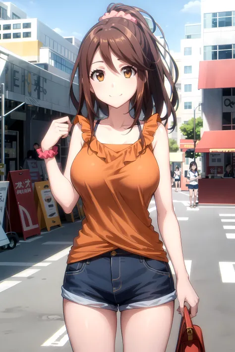 best quality, masterpiece, highly detailed,
<lora:chara_RailWars_IidaNana_v1:0.8>, iida nana rw,
closed mouth, smile,
brown eyes, brown hair, long hair, ponytail, large breasts,
orange shirt, sleeveless, hair scrunchie, collarbone, shorts,
standing, looking at the viewer,
city, street