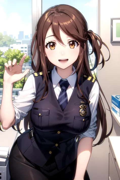 best quality, masterpiece, highly detailed,
<lora:chara_RailWars_IidaNana_v1:0.8>, iida nana rw,
open mouth, smile,
brown eyes, brown hair, long hair,
police uniform, vest, collared shirt, skirt, blue necktie.
standing, looking at the viewer,
office, window