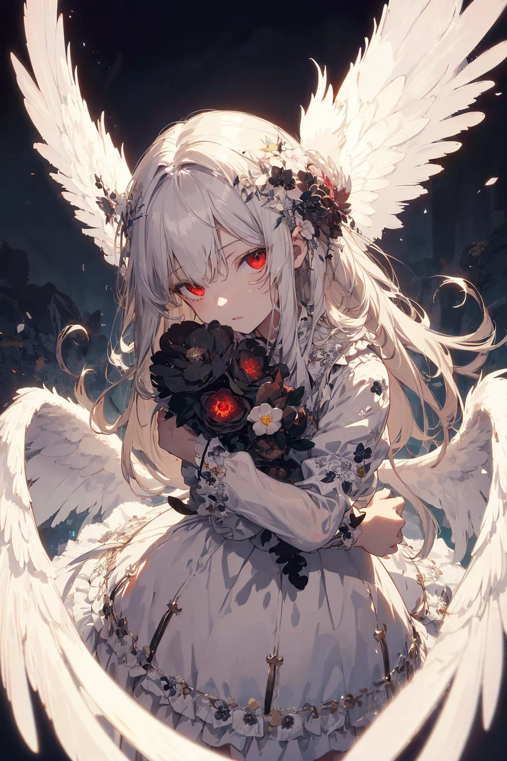 (masterpiece, absurd quality, best quality, official art, beautiful and aesthetic:1.2), (1 girl:1.4), extreme detailed, (fractal art:1.3), colorful, highest detailed, vivid color, from above,
angel, albino, babyf hugging the skull,
dark light, fluffy white frilly dress, white lace-up short boots, fluffy angel wings, pure white long hair, beautiful detailed red eyes, glaring at viewer, lots of skulls,