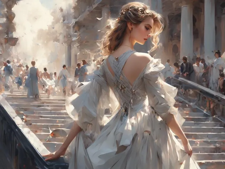 1 girl solo in a dress walking down a stairway, jewelry, Artgerm, detailed painting, Big panorama, grand, view of back, full body, fantasy art, Highly detailed, masterpiece, (a crowd of people in the background:0.1), wide shot,vertical view, (pigeons flying around her:0.1),