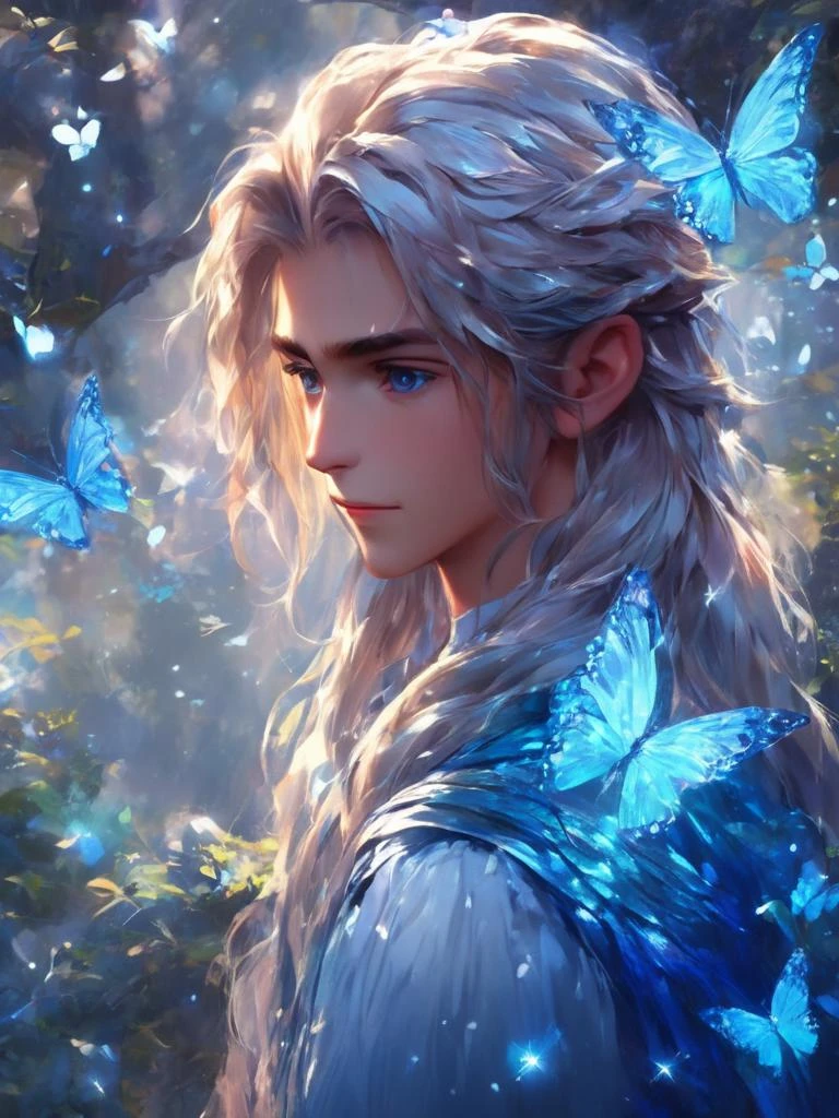 a boy with long hair and a braid in a forest with butterflies flying around, prince, deviantart artstation, a detailed painting, fantasy art, beautiful detailed glow,detailed ice,beautiful detailed water,(floating palaces:1),(ice crystal texture wings),ï¼Iridescence and rainbow hair:1)
