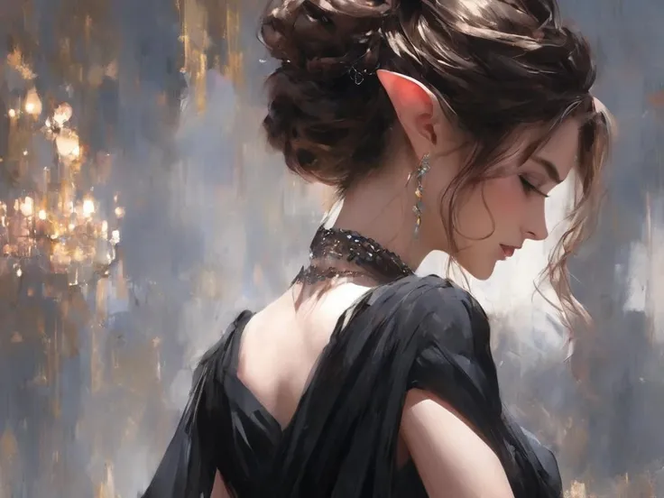 1 girl solo painting a picture on a wall, no face, in a black dress, bare shoulders, single hair bun, back, jewelry, Artgerm, a detailed painting, fantasy art, Highly detailed,masterpiece,upper body,from_below,cinematic_lighting,sidelight,princess, Face away from the camera