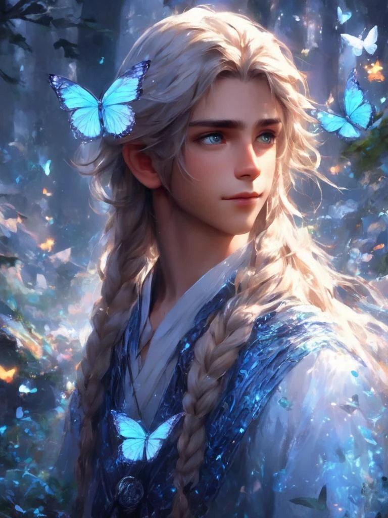 a boy with long hair and a braid in a forest with butterflies flying around, prince, deviantart artstation, a detailed painting, fantasy art, beautiful detailed glow,detailed ice,beautiful detailed water,(floating palaces:1),(ice crystal texture wings),ï¼Iridescence and rainbow hair:1)