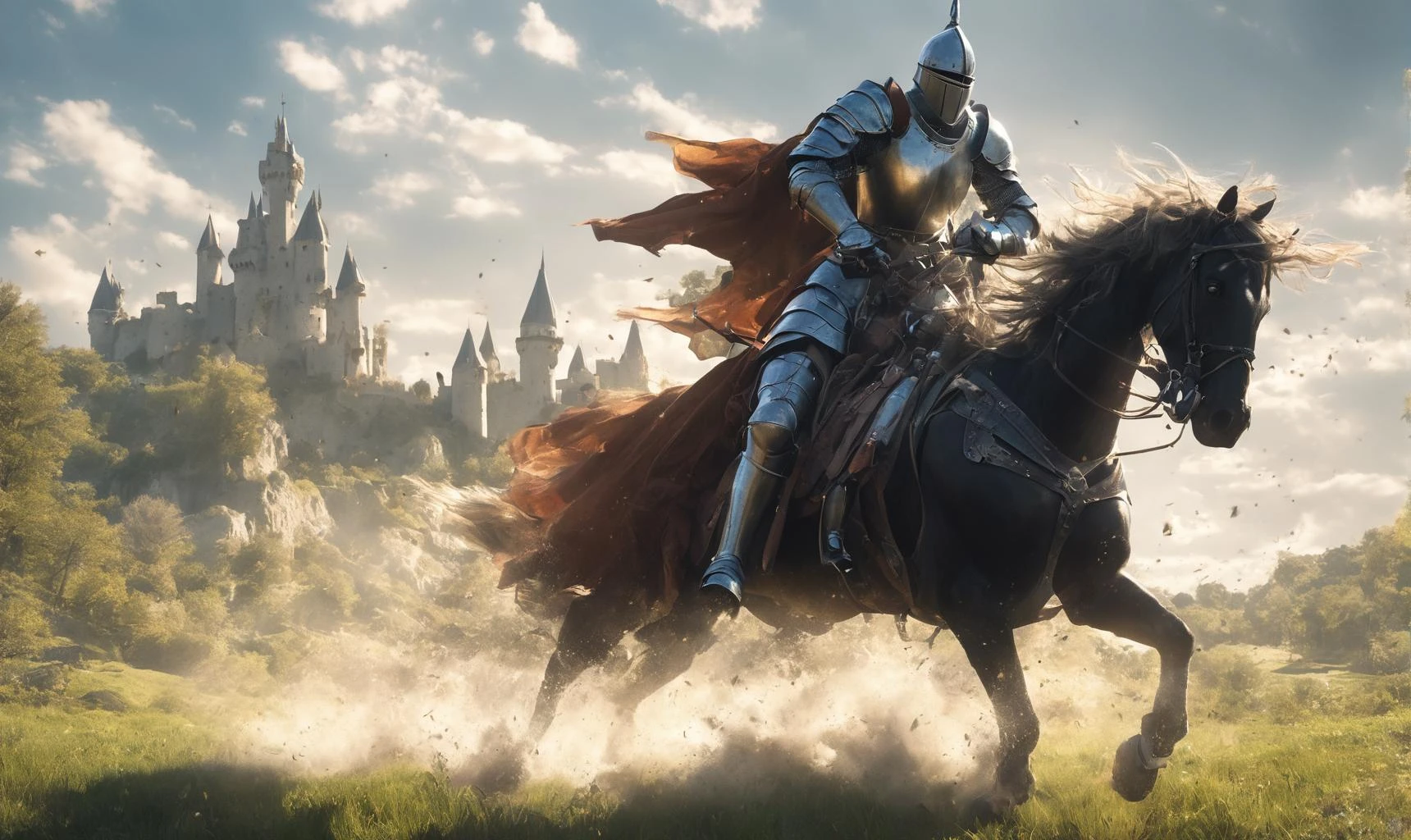 HTC movie scene, stream, 1 knight solo, a riding knight galloping towards the distant castle, large wide Angle, vista, HDR,UHD,8K,lens_flare,Tyndall effect