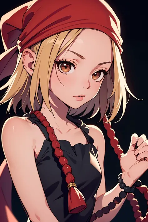 (masterpiece, best quality), 1girls, beautiful face, <lora:annakyouyama-lora-nochekaiser:1> anna kyouyama, blonde hair, short hair, (brown eyes:1.5), bandana, beads, black dress, dress, prayer beads,