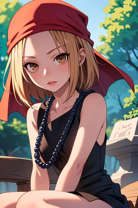 (masterpiece, best quality), 1girls, beautiful face, <lora:annakyouyama-lora-nochekaiser:1> anna kyouyama, blonde hair, short hair, (brown eyes:1.5), bandana, beads, black dress, dress, prayer beads,