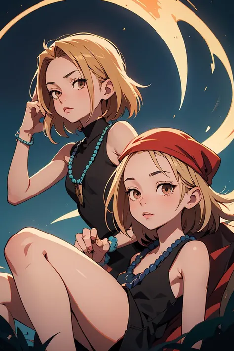 (masterpiece, best quality), 1girls, beautiful face,  <lora:annakyouyama-lora-nochekaiser:1> anna kyouyama, blonde hair, short hair, (brown eyes:1.5), bandana, beads, black dress, dress, prayer beads,