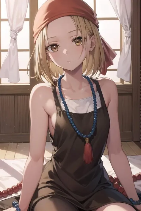 annakyouyama, <lora:annakyouyama-lora-nochekaiser:1>,
anna kyouyama, blonde hair, short hair, (brown eyes:1.7),
BREAK bandana, beads, black dress, dress, prayer beads,
BREAK looking at viewer, full body,
BREAK indoors, shrine,
BREAK <lyco:GoodHands-beta2:1>, (masterpiece:1.2), best quality, high resolution, unity 8k wallpaper, (illustration:0.8), (beautiful detailed eyes:1.6), extremely detailed face, perfect lighting, extremely detailed CG, (perfect hands, perfect anatomy),
