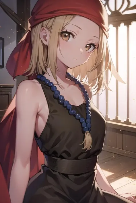 annakyouyama, <lora:annakyouyama-lora-nochekaiser:1>,
anna kyouyama, blonde hair, short hair, (brown eyes:1.7),
BREAK bandana, beads, black dress, dress, prayer beads,
BREAK looking at viewer, full body,
BREAK indoors, shrine,
BREAK <lyco:GoodHands-beta2:1>, (masterpiece:1.2), best quality, high resolution, unity 8k wallpaper, (illustration:0.8), (beautiful detailed eyes:1.6), extremely detailed face, perfect lighting, extremely detailed CG, (perfect hands, perfect anatomy),