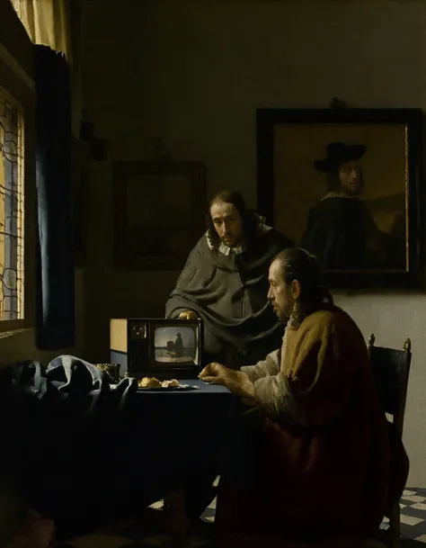 <lora:JohannesVermeerXL_v1:1> JohannesVermeerXL, a man sitting at a table (looking at a TV:1.2)