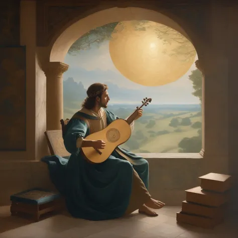 ethereal fantasy concept art of a painting of a man playing a lute <lora:JohannesVermeerXL_v1:1>, magnificent, celestial, ethereal, painterly, epic, majestic, magical, fantasy art, cover art, dreamy