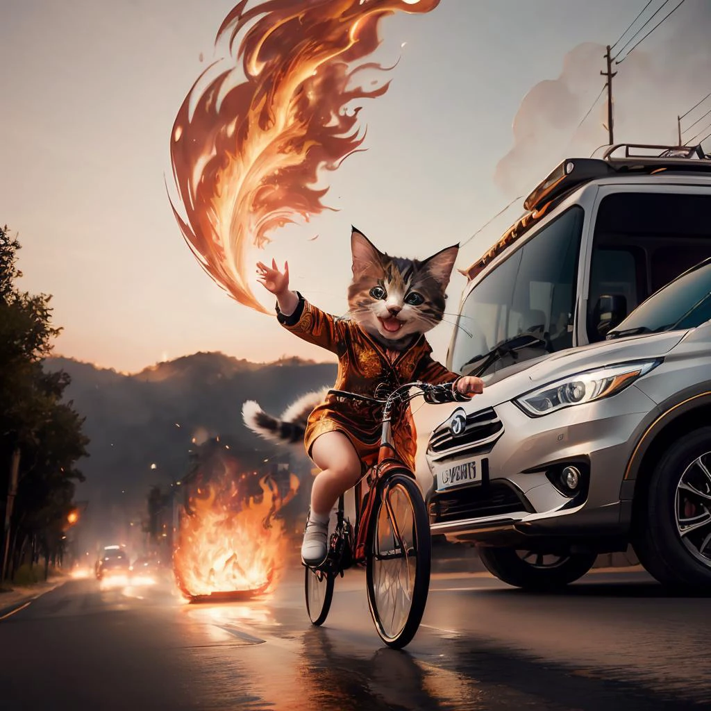 photography of happy tiny kitten on bicycle, printed dress, jumping above cars, humans fleeing,
happy smile, open mouth, worldoffire, fire, flickering flames,
(masterpiece:1.2), (best quality:1.2), (intricate:1.2), (highly detailed:1.2), (sharp:1.2), (8k:1.2), (realistic:1.2), (photographic:1.2),
cinematic light, vivid colors
<lora:worldoffire:0.7>