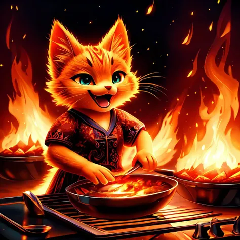 tiny kitten cooking salad, printed dress,
happy smile, open mouth, worldoffire, fire, flickering flames,
(masterpiece:1.2), (best quality:1.2), (intricate:1.2), (highly detailed:1.2), (sharp:1.2), (8k:1.2),
cinematic light, vivid colors
 <lora:worldoffire:0.7>