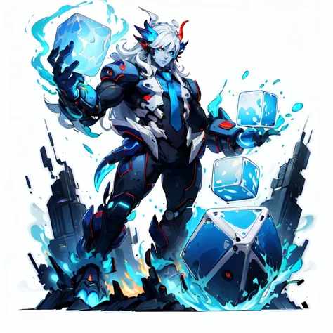 (simple background:1.2), ( white background:1.2), detailed eyes, full body, looking at viewer, scifi,(monster girl:1.1),monster girl, athletic, , smug, paleskin , boy, blue eyes, white hair, necktie, (academy uniform:1.1), trousers, multicolored, (lifting a giant cube), skin, colored skin, long hair, white strands, blue hair, <lora:worldoffire:1> worldoffire