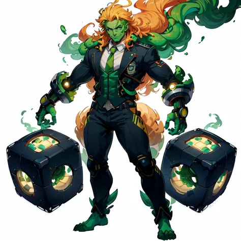 (simple background:1.2), ( white background:1.2), detailed eyes, full body, looking at viewer, scifi,(monster girl:1.1),monster girl, athletic, , smug, green skin , boy, green eyes, yellow hair, necktie, (academy uniform:1.1), trousers, multicolored, (lifting a giant cube), skin, colored skin, long hair, yellow strands, green hair, <lora:worldoffire:1> worldoffire